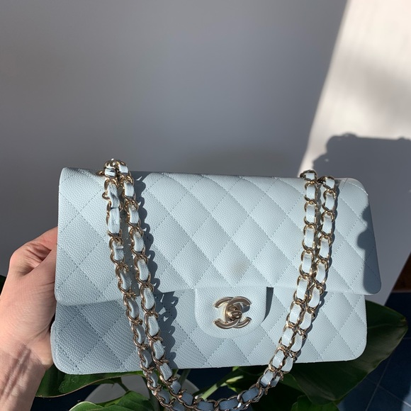 22P CHANEL Medium Classic Double Flap Bag Light Blue Caviar LGHW NWT - Picture 12 of 17